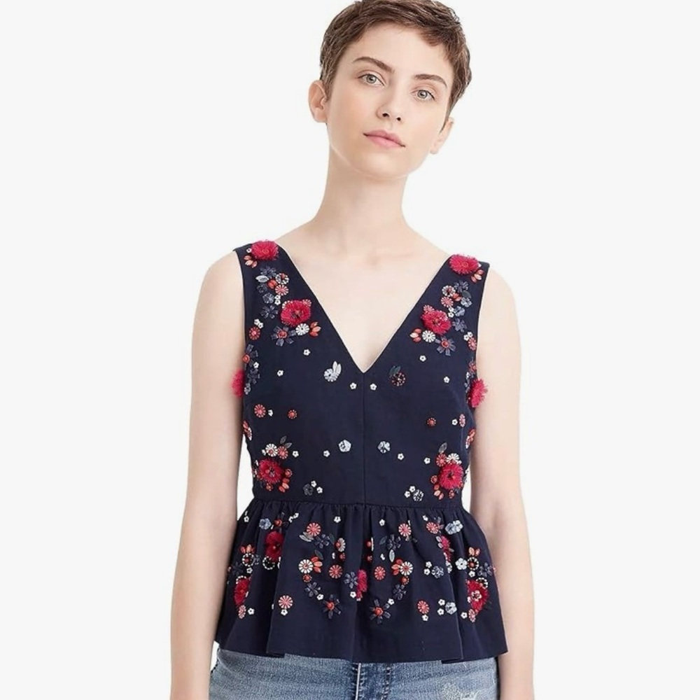 J.Crew 2 Navy Floral Embellished Peplum Cotton Linen Boho Preppy Top Blouse